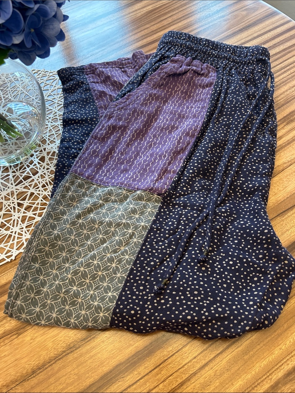 Anthropologie Patchwork Joggers in Navy, Purple, Gray